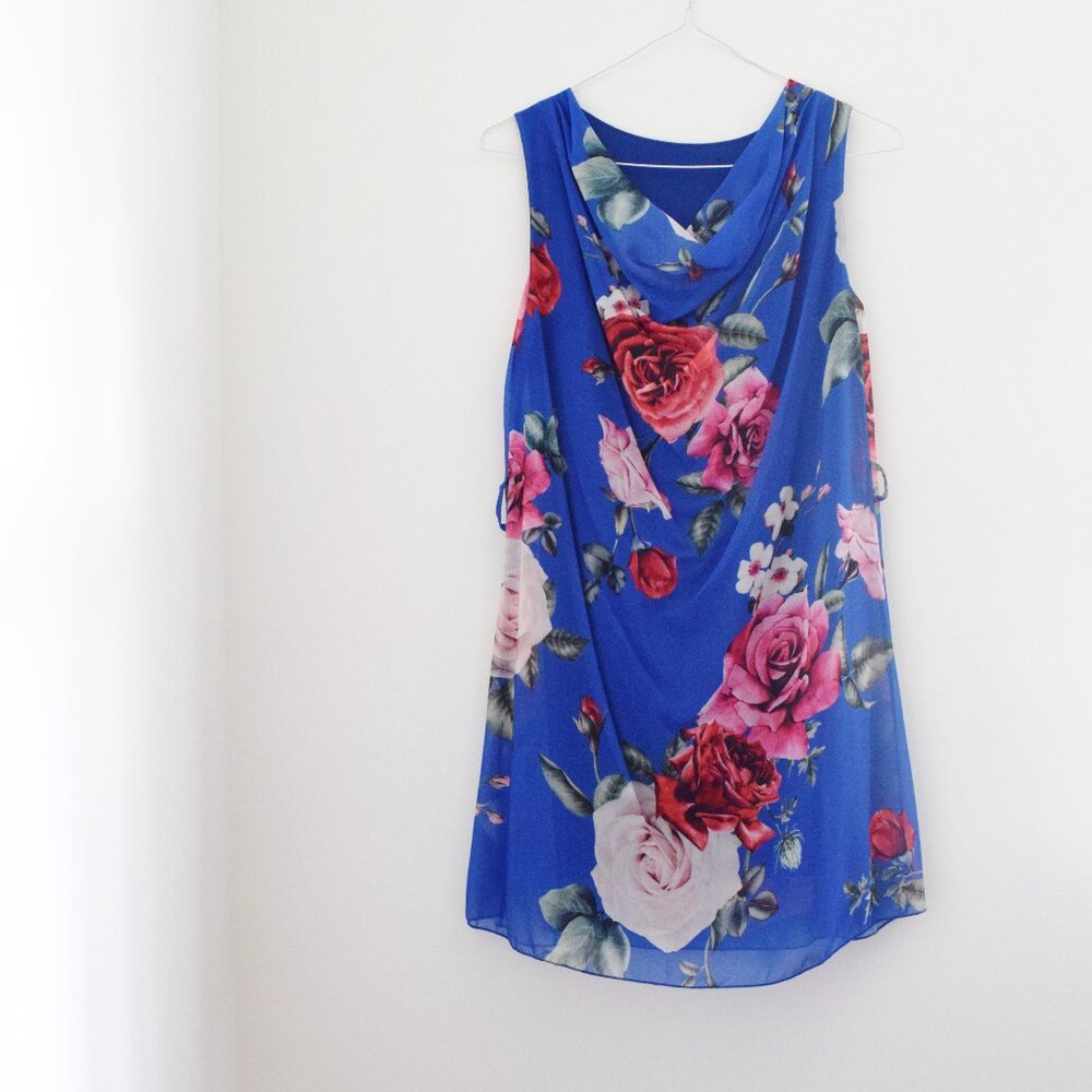 KAM NEW Blue Rose Floral Cowl Neck Sleeveless Pencil Dress | Size XL